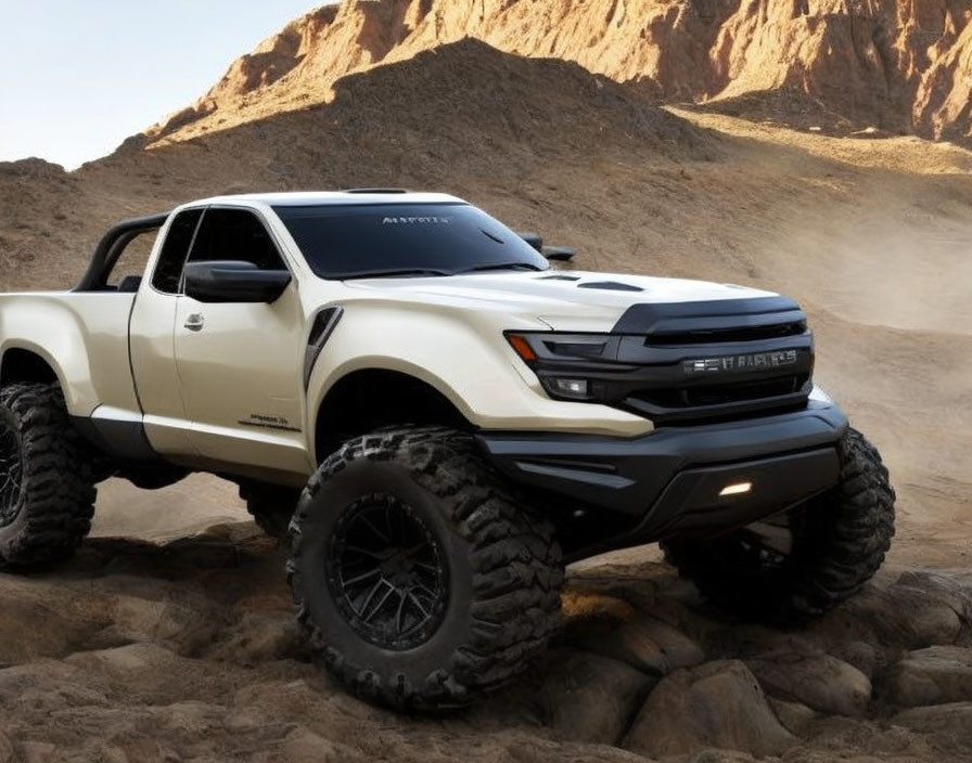 White Off-Road Pickup Truck on Rocky Terrain with Large Tires