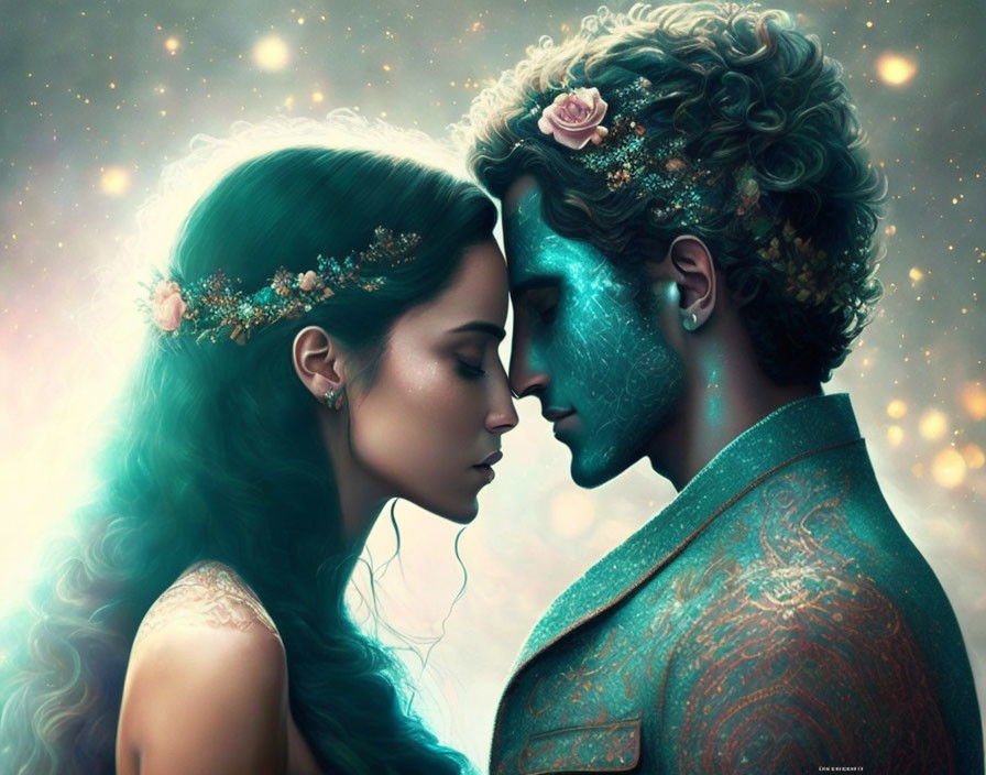 Digital artwork: Woman and blue-skinned man with floral motif, tenderly touching foreheads in star