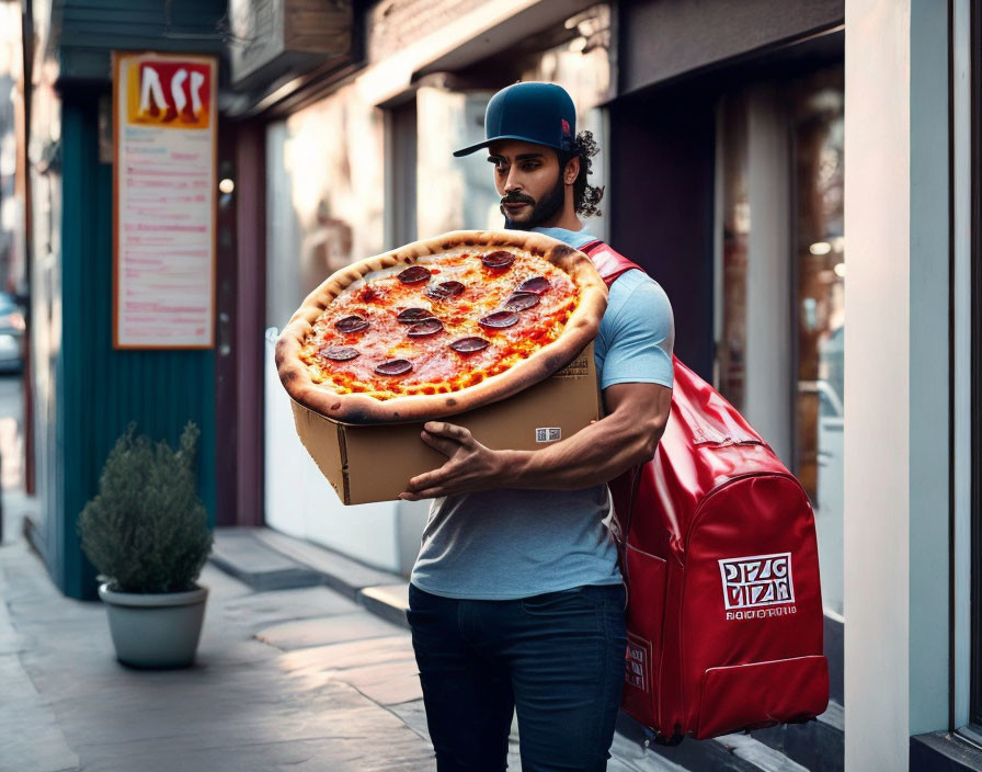 Delivery person with pizza box and red backpack walking on street