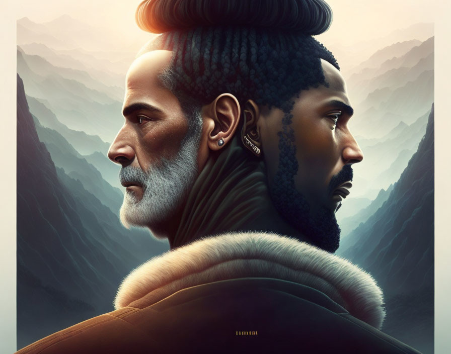 Dual male profiles in digital art: young with modern style, older with gray hair, against mountain backdrop