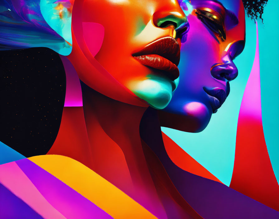 Colorful Abstract Artwork: Stylized Faces in Neon Colors on Starry Black Background