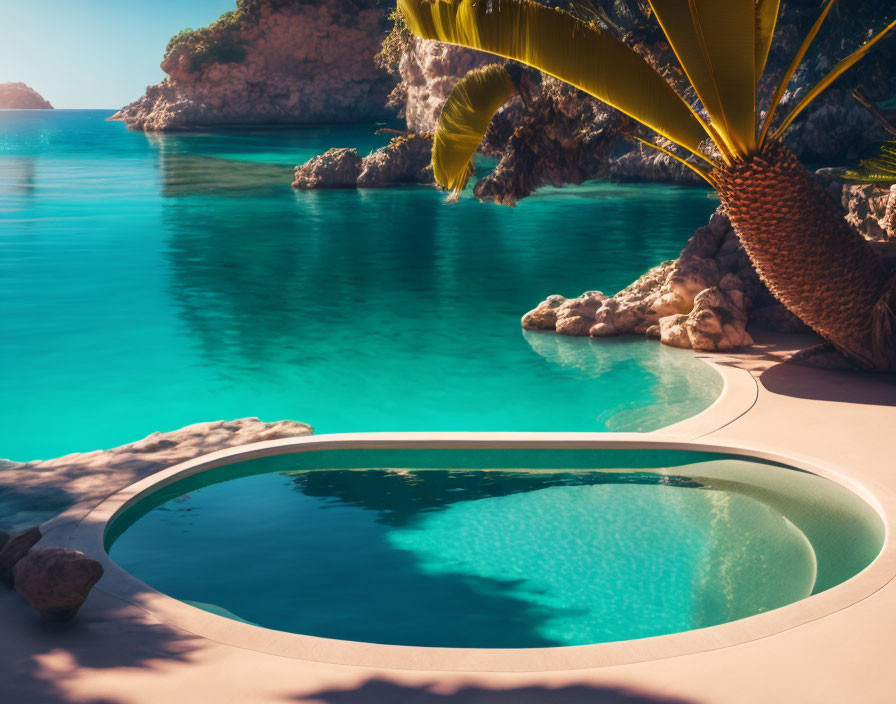 Tranquil pool with palm tree and ocean view