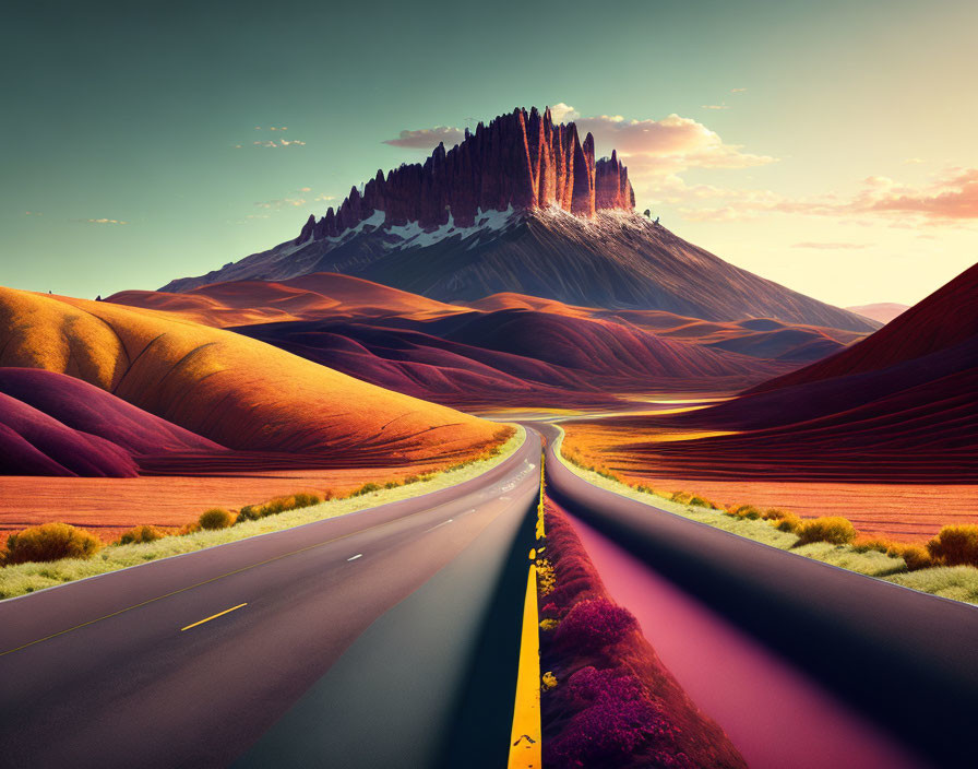 Scenic road through colorful hills to majestic spire-topped mountain