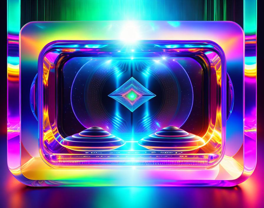 Neon-colored digital art: Endless tunnel illusion with reflective surfaces