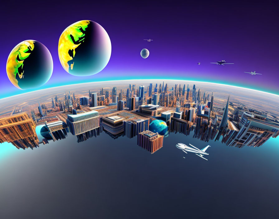 Futuristic cityscape with floating skyscrapers and multiple Earths in surreal purple sky