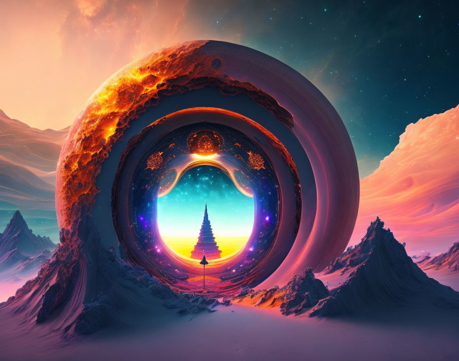 Surreal landscape with giant ring, figure, and glowing pyramid