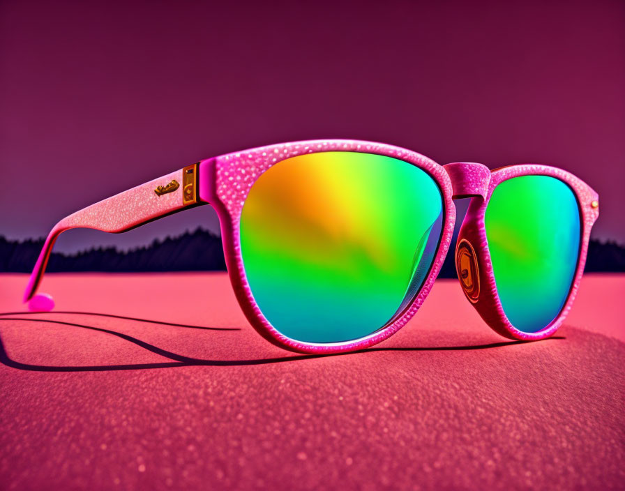 Pink Sunglasses with Multicolored Reflective Lenses on Pink Surface