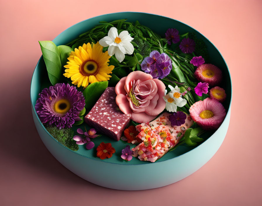 Colorful Flower Bouquet and Sushi Platter on Pink Background