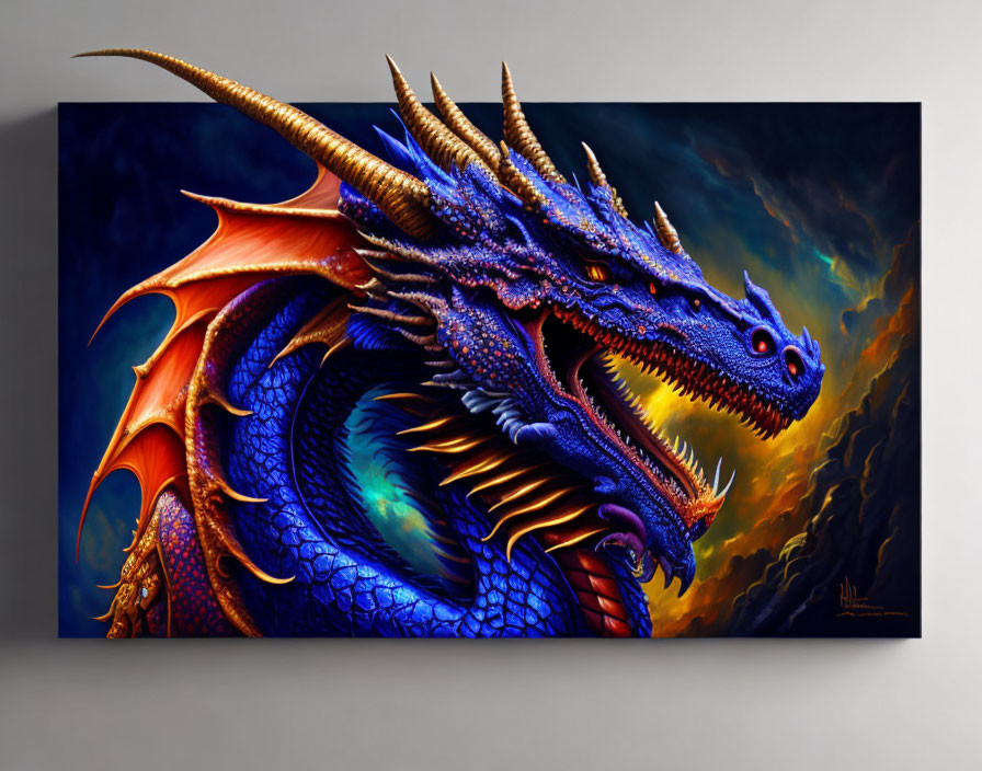 Colorful painting of blue dragon with orange wings in stormy sky