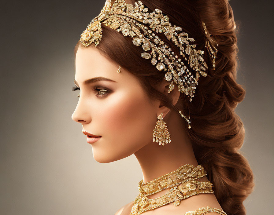 Woman adorned in elegant makeup and intricate golden jewelry.