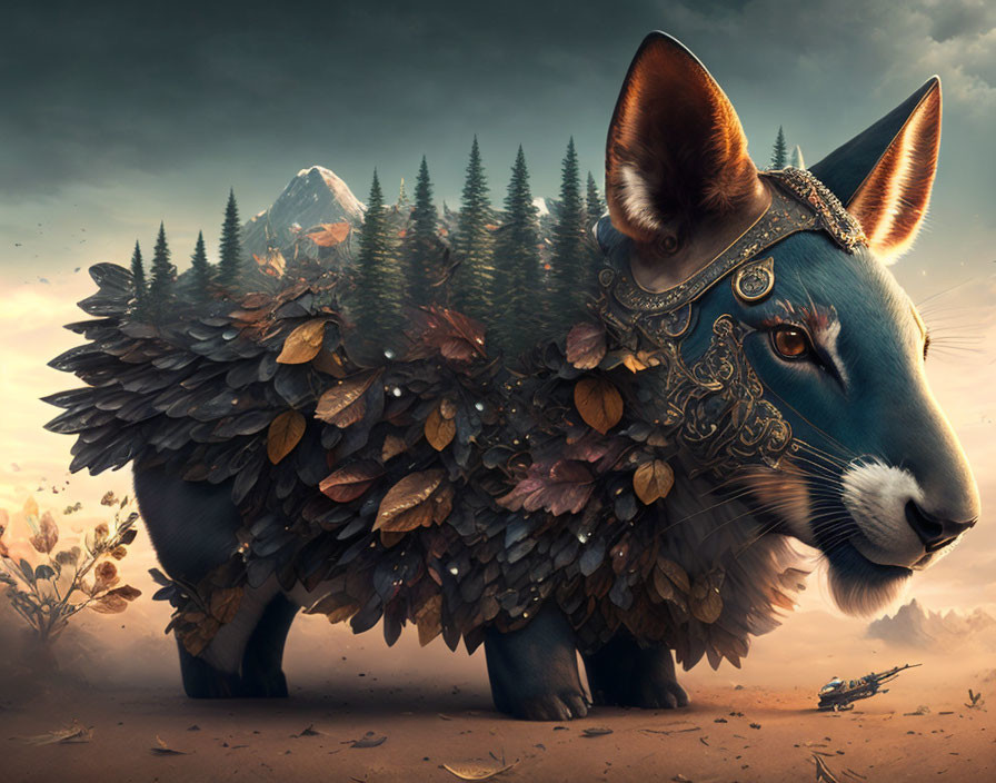 Fantastical creature with fox head, foliage-covered body, armor, and pine trees on mountainous