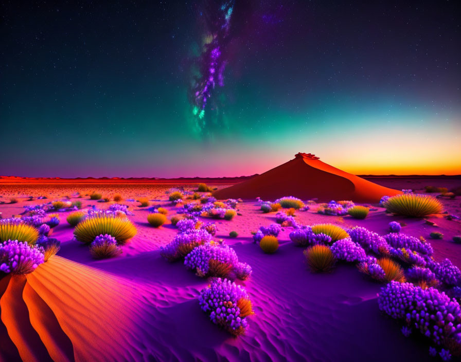 Starry Sky and Milky Way over Purple Desert Landscape