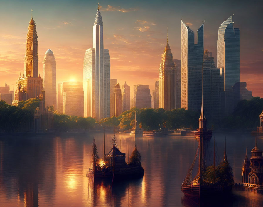 Cityscape at Sunset: Skyscrapers, Sailboat, Golden Light