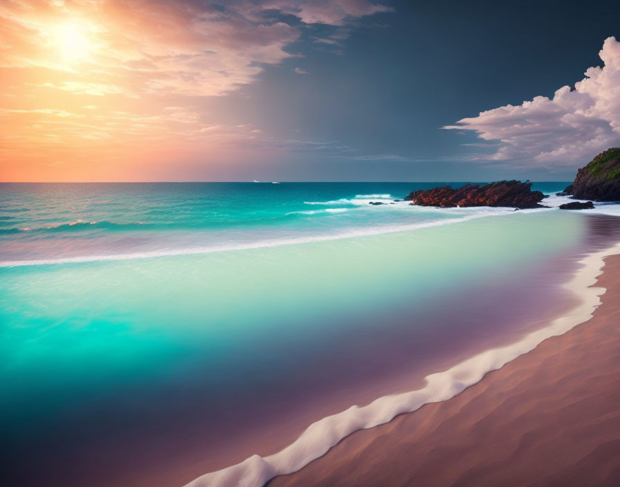 Tranquil Sunset Beach Scene with Turquoise Waters