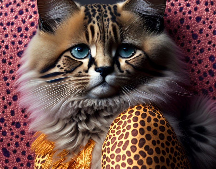 Realistic Cat with Blue Eyes and Bow Holding Egg on Pink Background