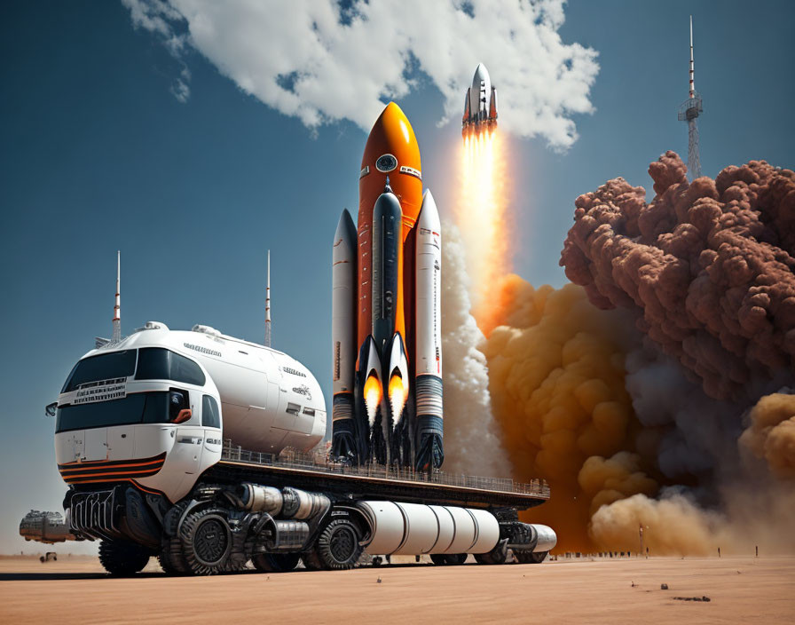 Orange and white space rocket launching with crawler-transporter on desert launchpad