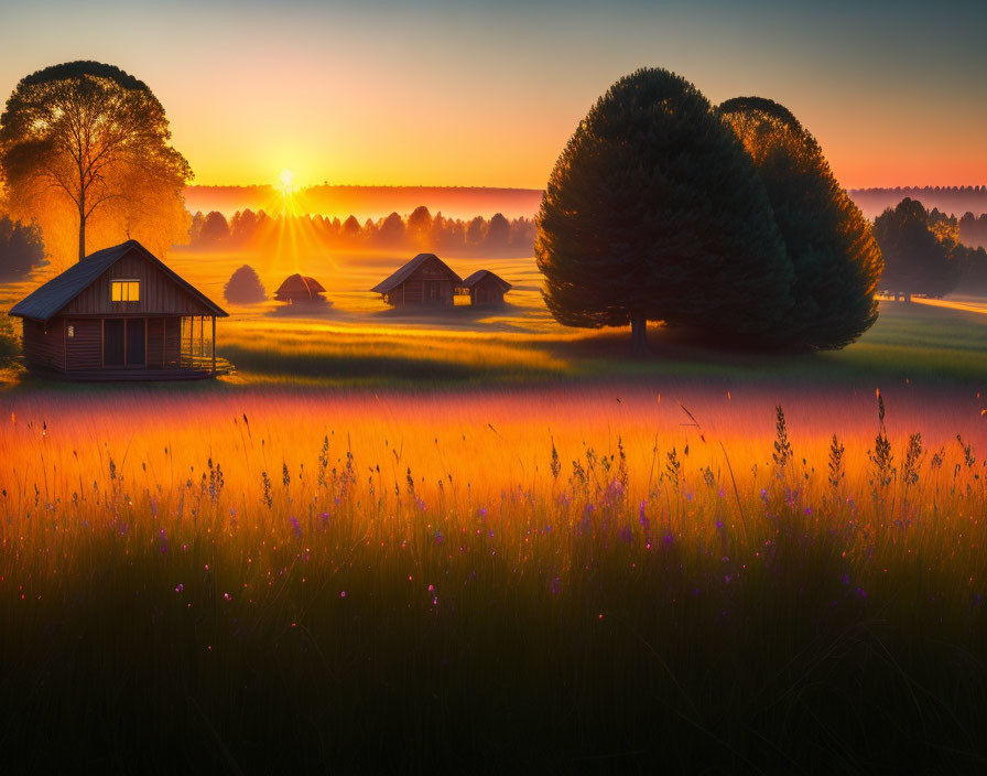 Tranquil field at sunrise with wildflowers, silhouetted trees, and wooden cabins