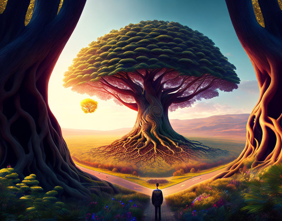 Person admiring majestic tree in vibrant, fantastical landscape