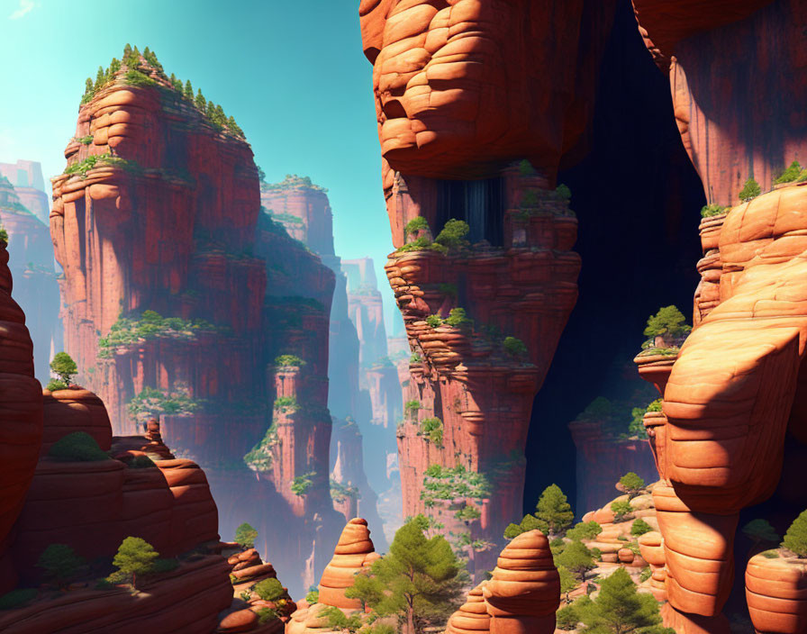 Red Rock Formations with Green Foliage under Blue Skies