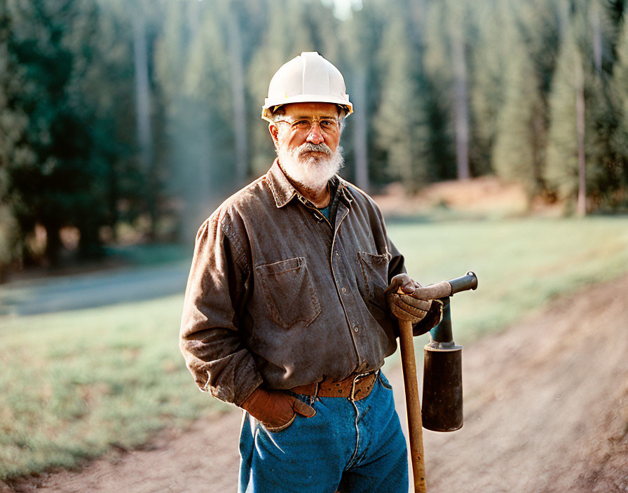 Bearded man in hard hat with sledgehammer on dirt road