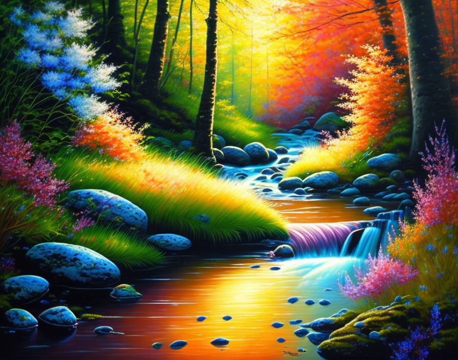 Colorful Forest Stream Painting with Waterfall & Sunlight