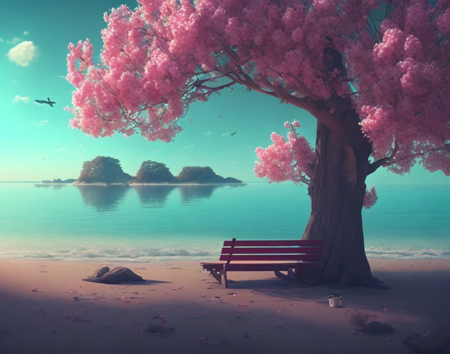 Tranquil beach scene with pink blossoming tree, red bench, fallen petals, calm sea,