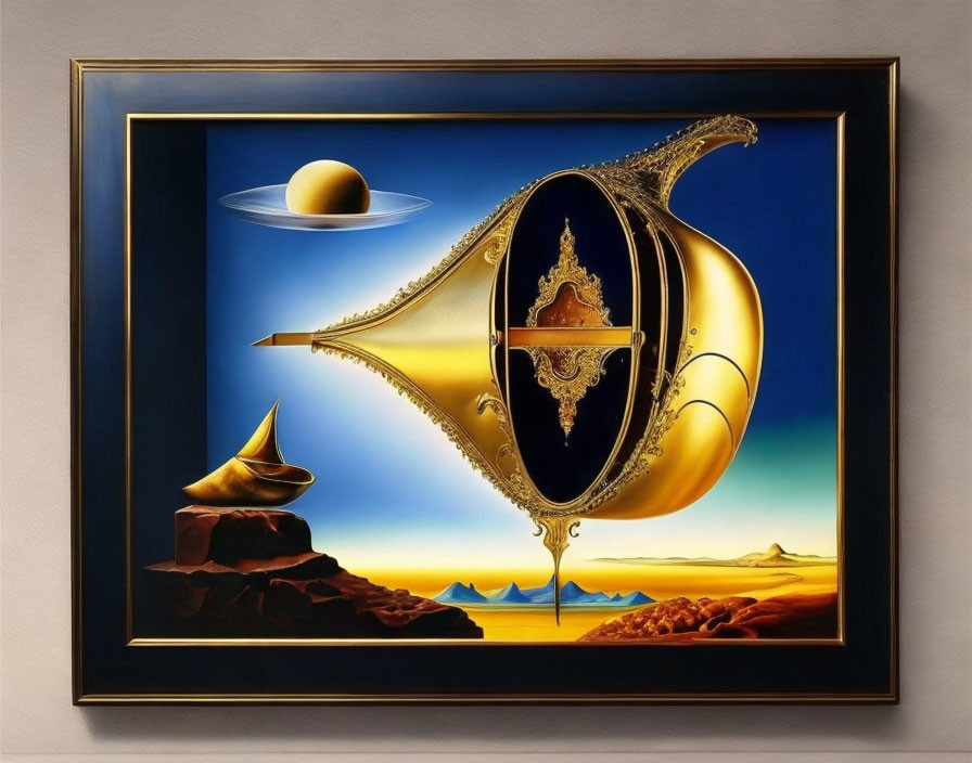 Surreal painting: melting golden clock, desert landscape, floating rocks