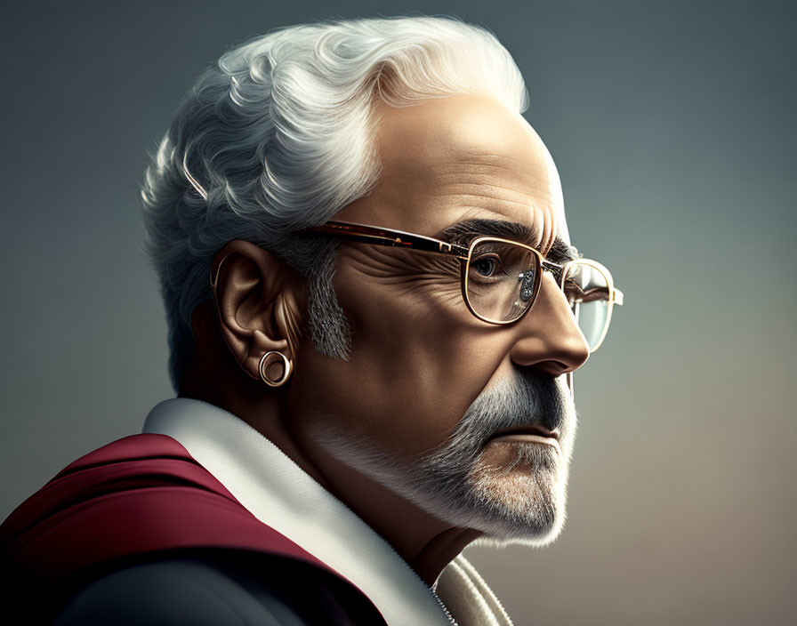 Stylized portrait of older man with white hair, beard, glasses, earring