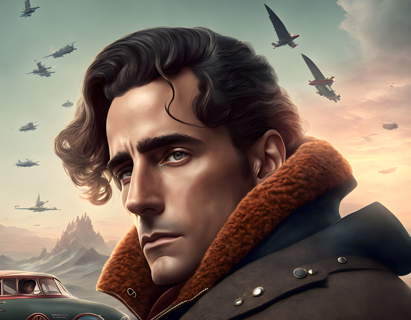 Man in shearling coat with dark hair, vintage planes, mountain backdrop