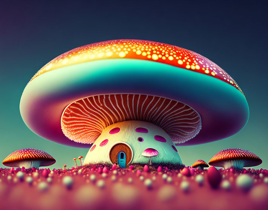 Colorful Oversized Mushroom Illustration with House and Gradient Sky