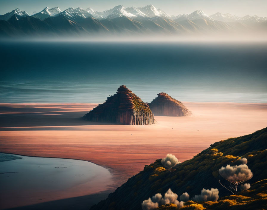 Forested islands with snow-capped mountains and flowering bushes emerging from misty waters