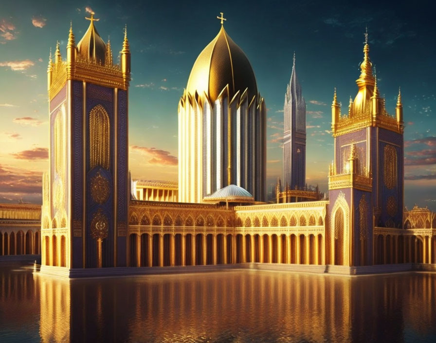 Majestic fantasy palace with golden and blue spires at sunset