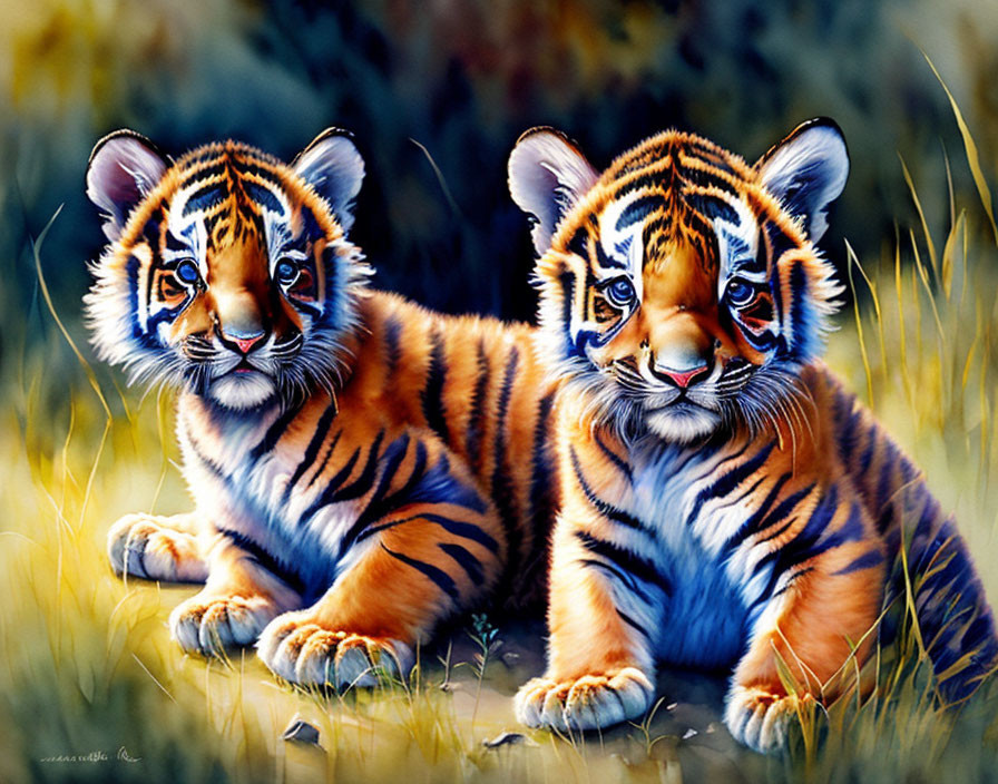 Two Tiger Cubs Sitting in Grass with Striking Orange and Black Stripes