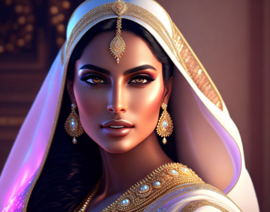 Traditional Indian jewelry and attire on a woman in digital artwork