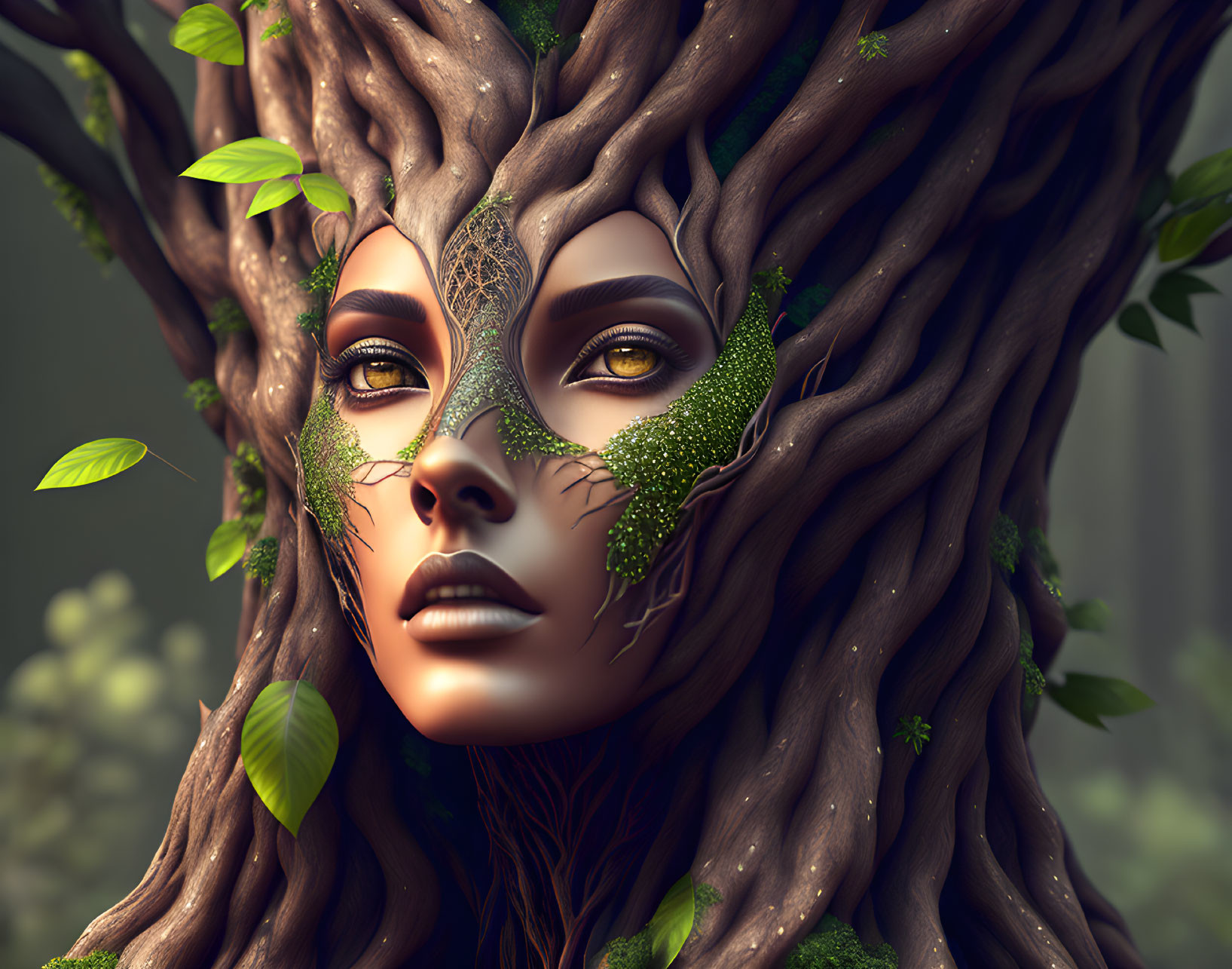 Fantastical tree-like woman with branch hair and bark skin textures