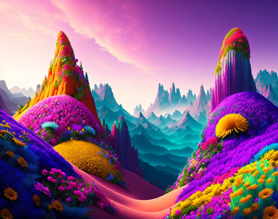 Colorful Flower-Covered Hills & Pink River in Digital Landscape