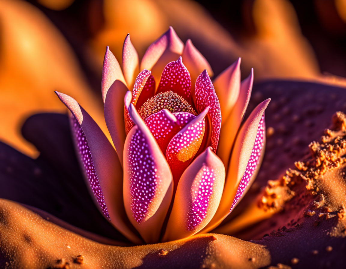 Vibrant pinkish-purple succulent with water droplets under warm light