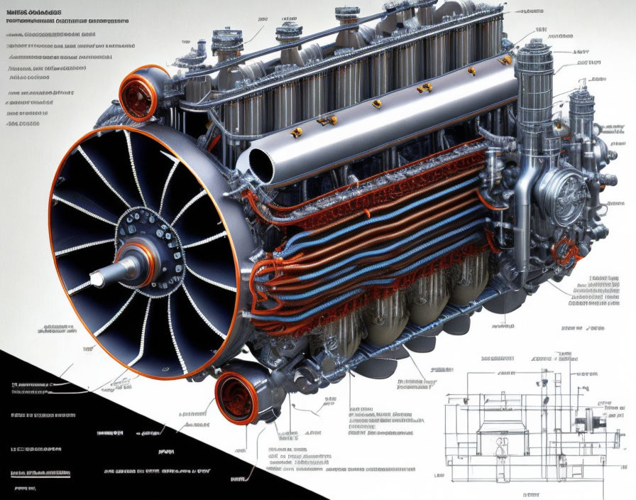 Detailed Cutaway Illustration of Airplane Jet Engine Parts