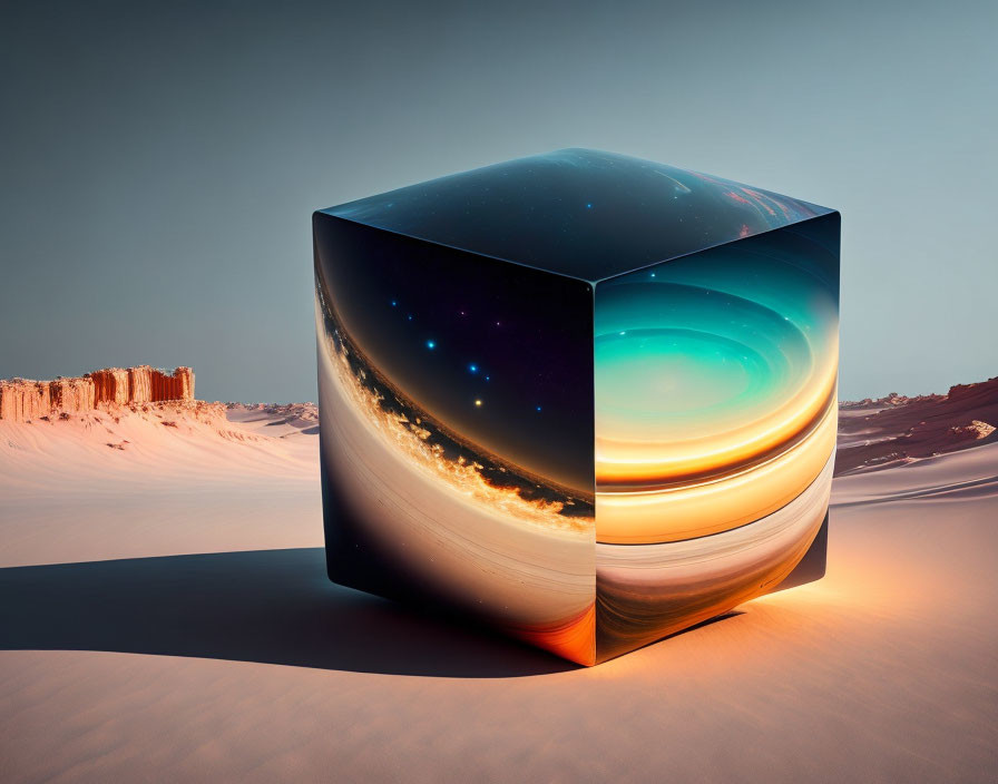 Glossy cube with outer space scene and desert twilight background