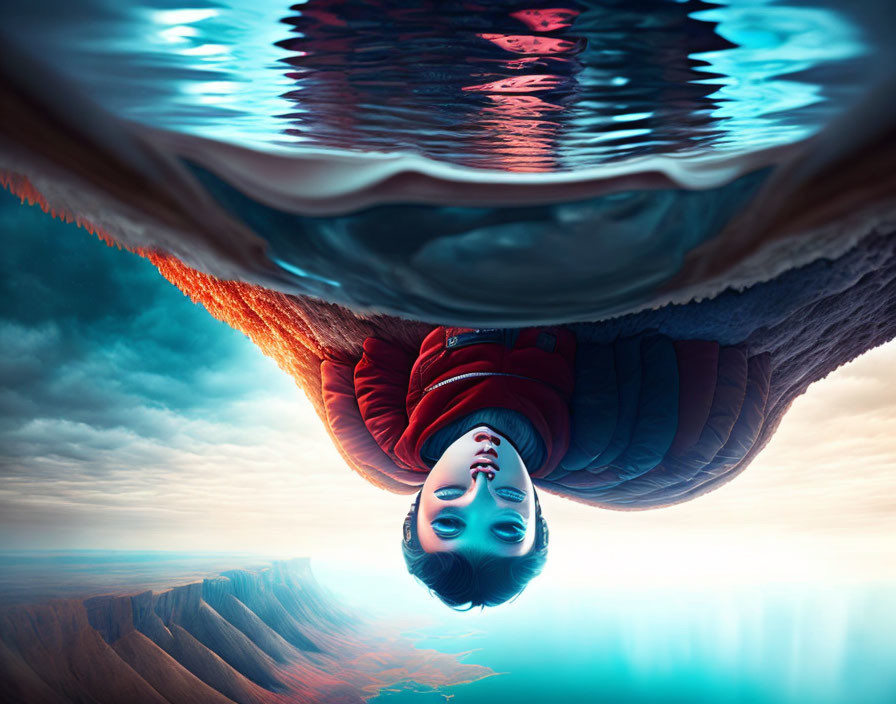 Person lying on cliff edge reflected in water with inverted landscape and colorful sky