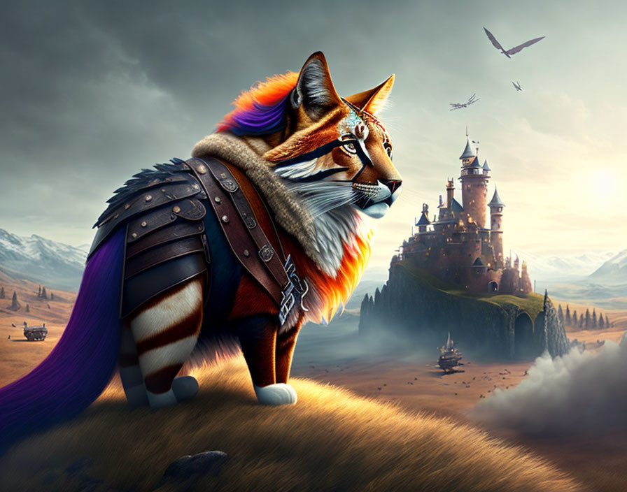 Fantasy armored cat digital art in mystical castle backdrop