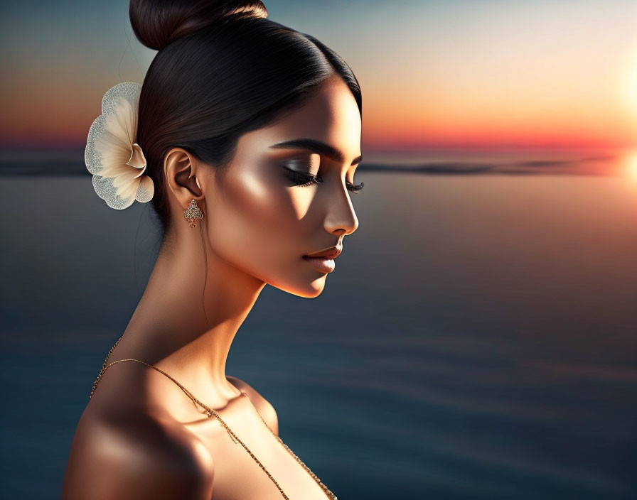 Woman with white flower in hair against ocean sunset.