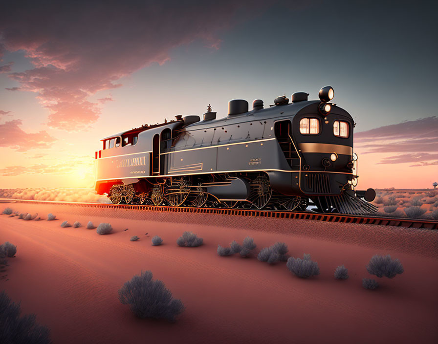 Vintage Santa Fe train travels through desert at sunset