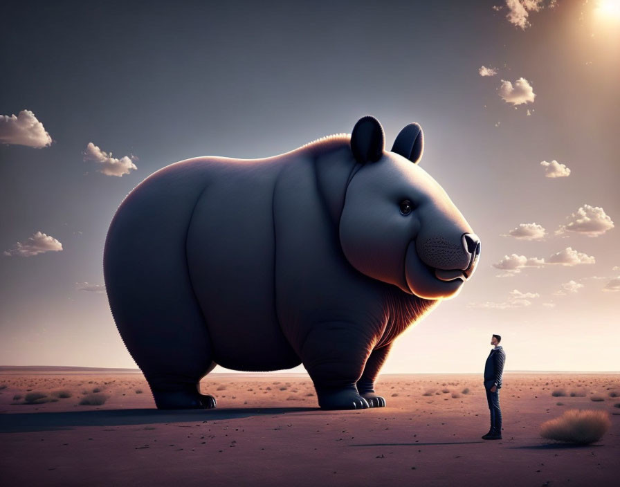 Person in desert faces giant stylized bear at twilight