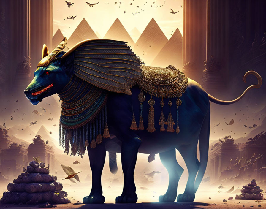 Blue lion with Egyptian headdress in front of pyramids exudes mysticism