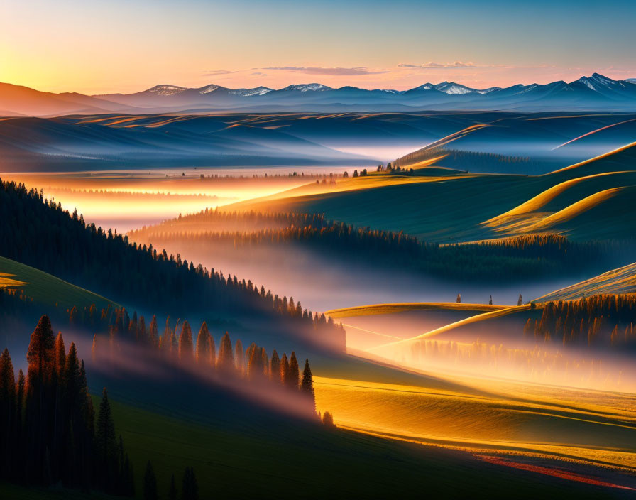 Sunrise over foggy rolling hills with tree shadows and distant mountains.