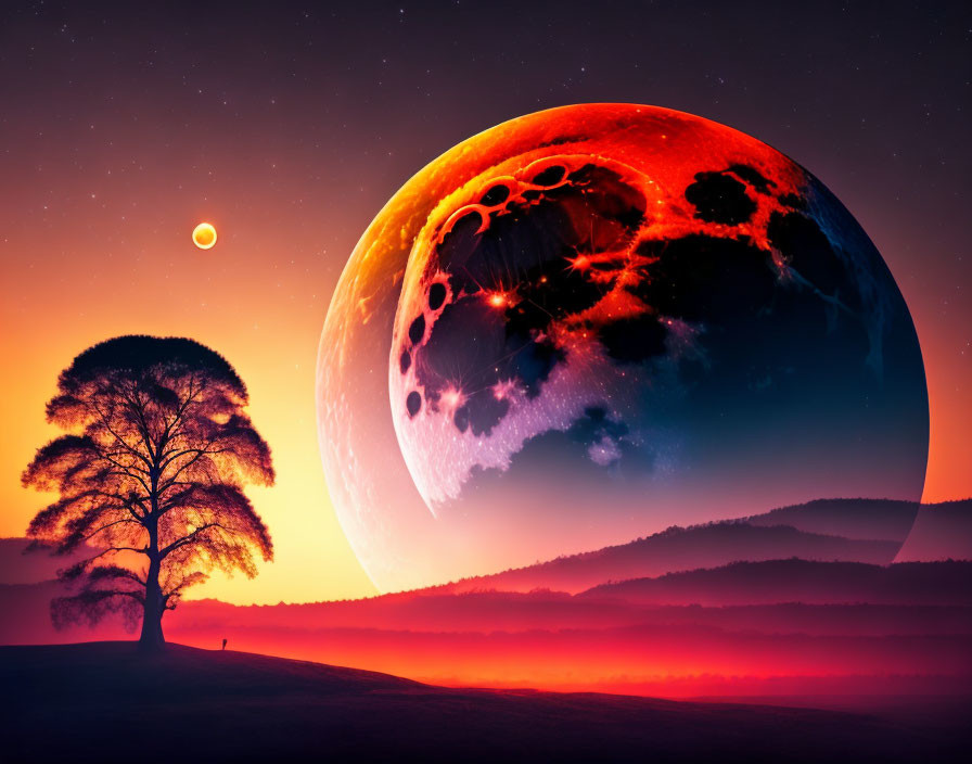 Surreal landscape with lone tree, vibrant sunset, misty hills, and fantastical planet