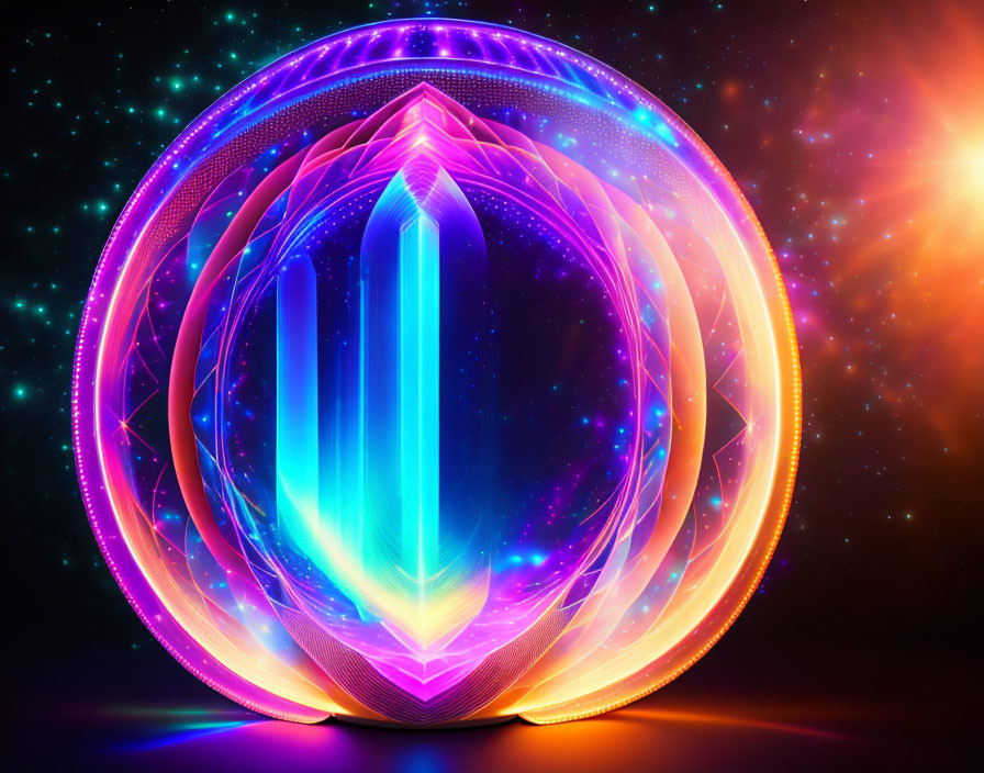 Colorful Crystal Artwork with Neon Rings on Cosmic Background