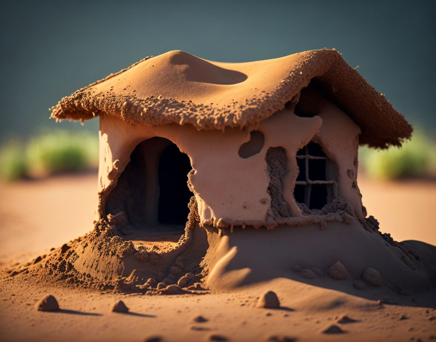 Detailed Miniature Sand House Sculpture with Textured Roof and Window