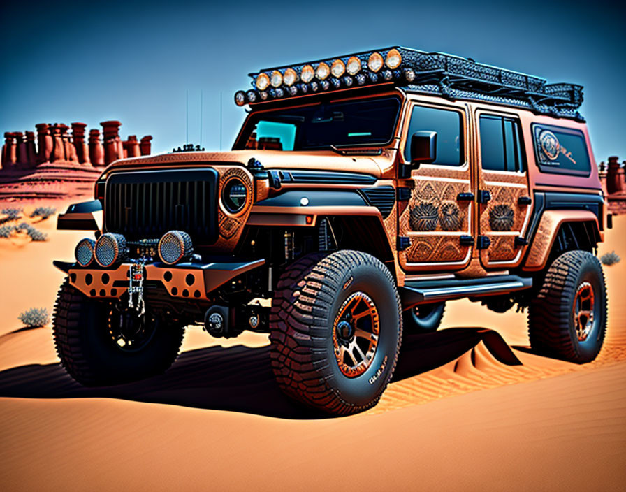 Ornately designed off-road vehicle with oversized tires and extra lighting in desert setting